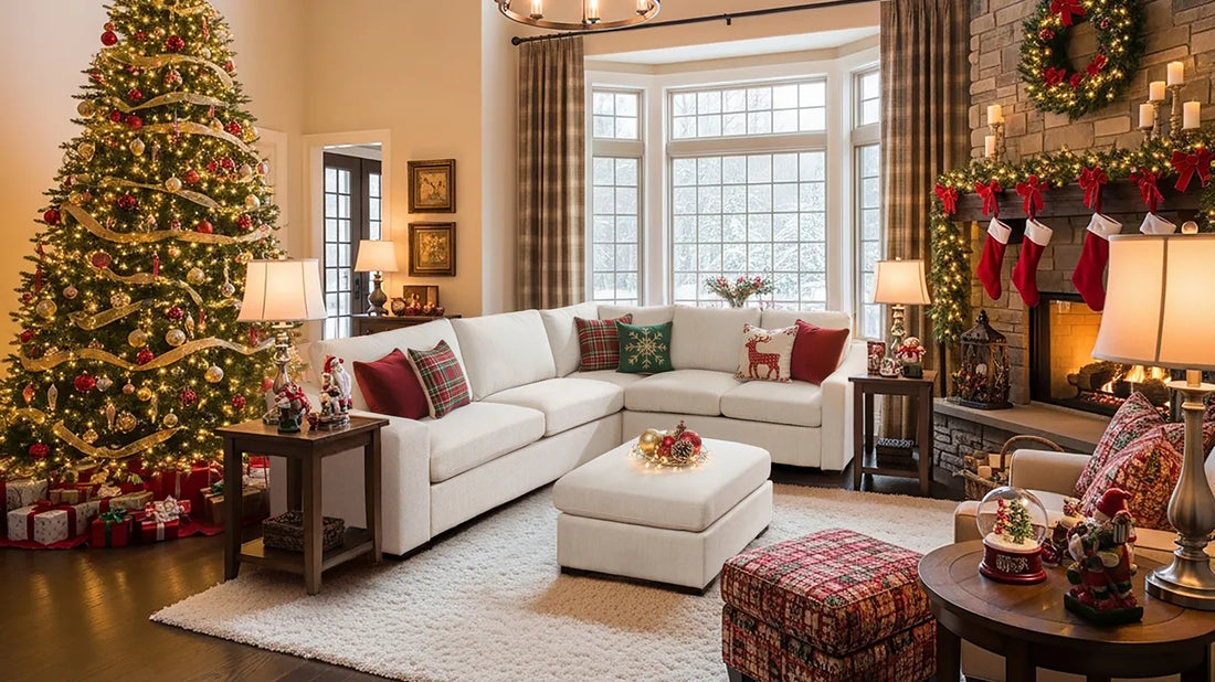modern farmhouse living room with L-shaped cove sofa and christmas fireplace and christmas tree.