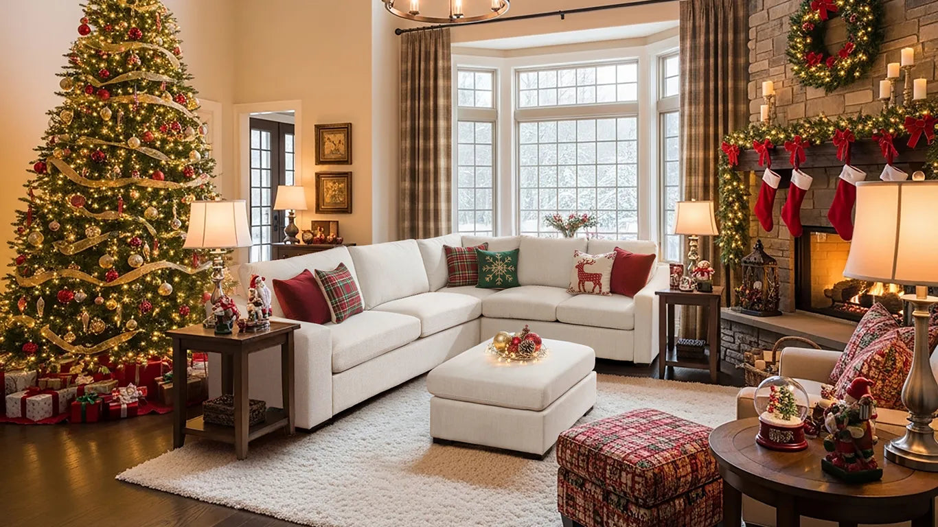 modern farmhouse living room with L-shaped cove sofa and christmas fireplace and christmas tree.