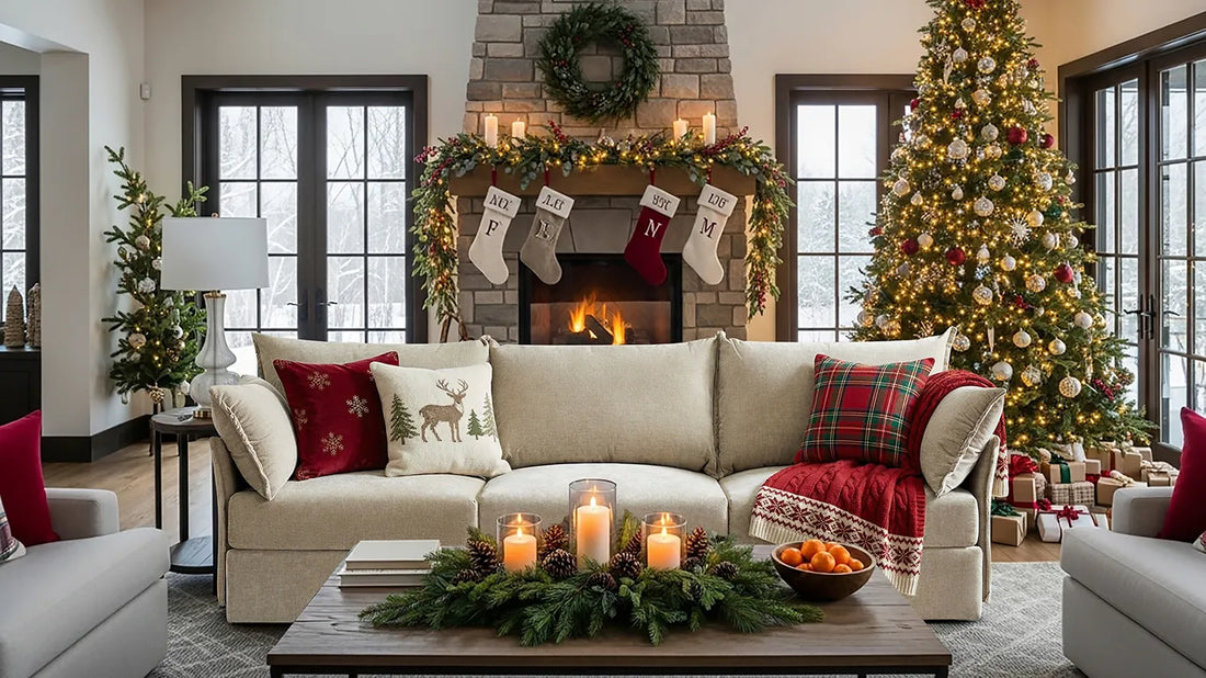 christmas modern farmhouse with couch, fireplace, table.