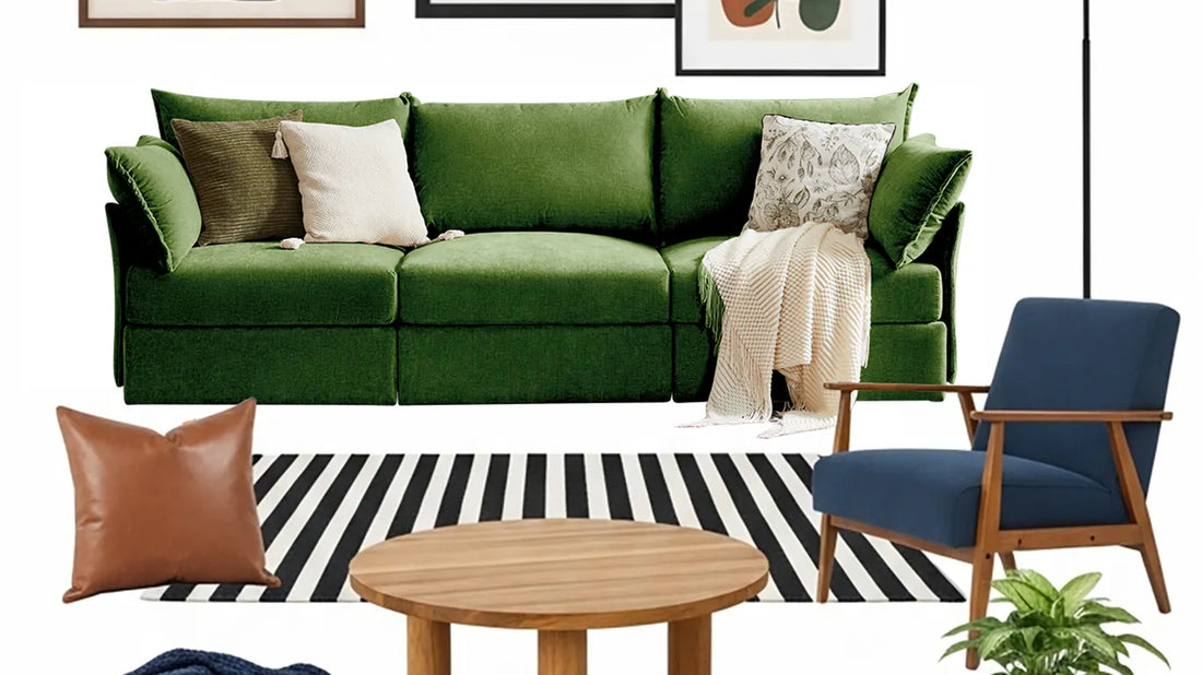 MIdcentury living room with green sofa and wall art and vintage furniture