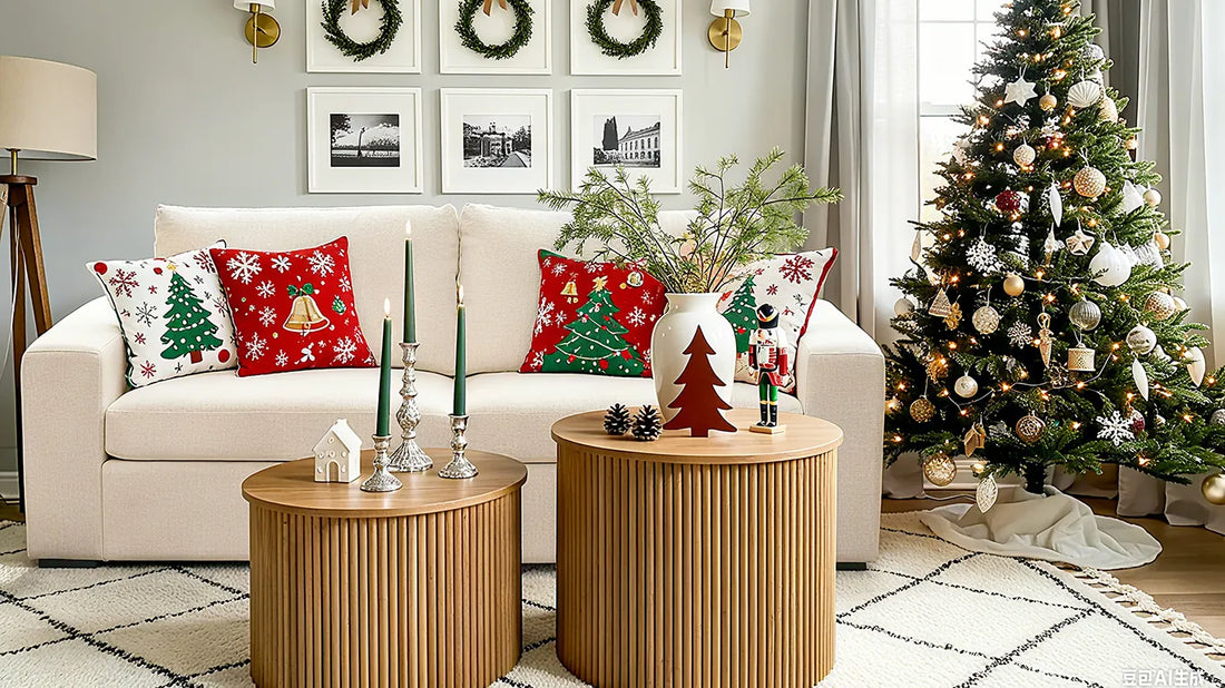 chirstmas living room with abcasa alba sofa, coffee table, wall arts.