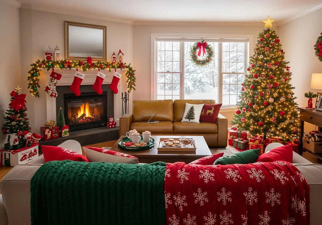 christmas living room ideas with leather sofa & fireplace