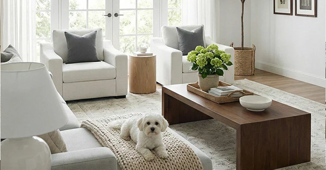 modern farmhouse living room with abcasa cove accent chair