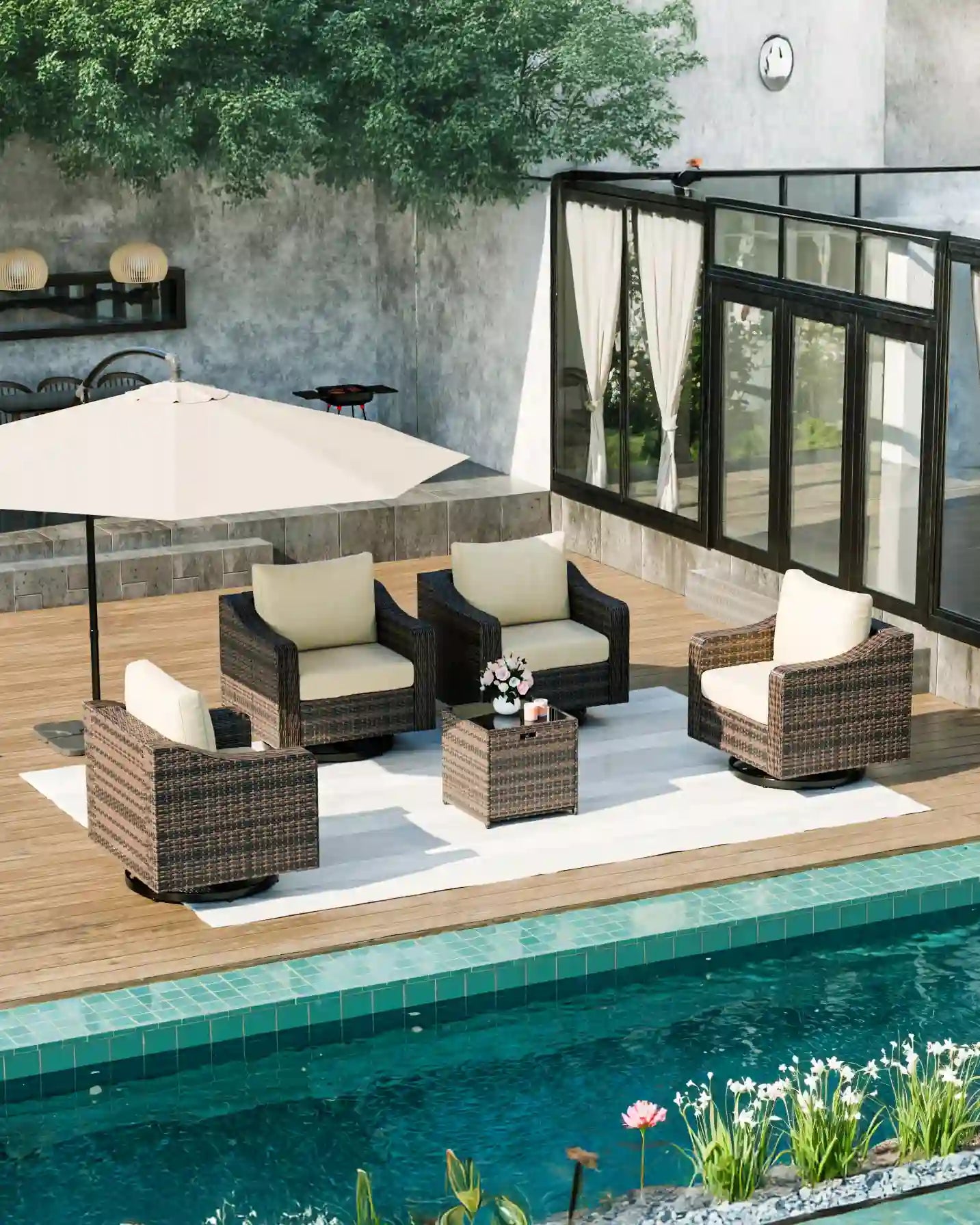 ABCASA beige rattan outdoor sofa set featured in the Outdoor Collection for stylish backyard gatherings.