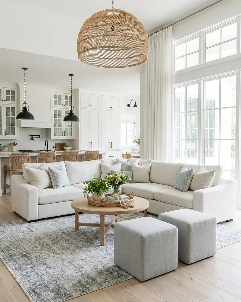 Modern farmhouse styled living room with ABCASA Cove L-shaped sectional, wooden coffee table, and large windows.