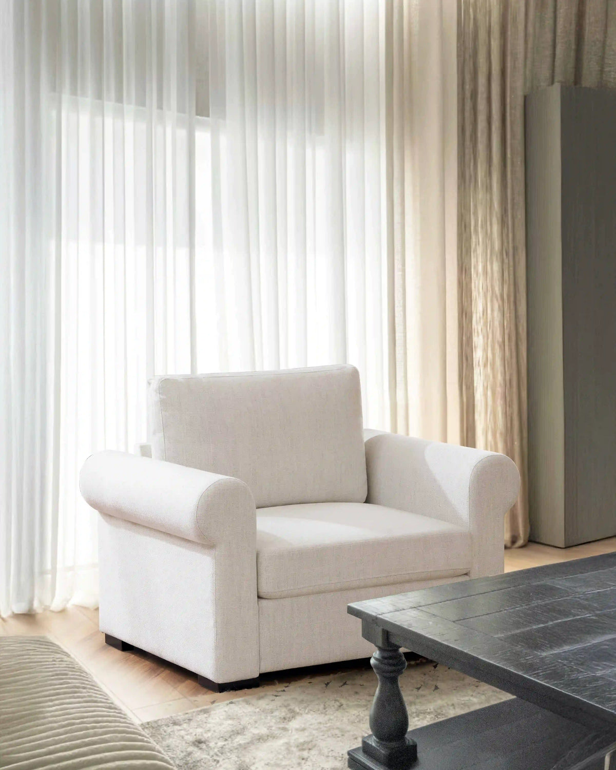 ABCASA off-white upholstered armchair featured in the Accent Chair Collection.