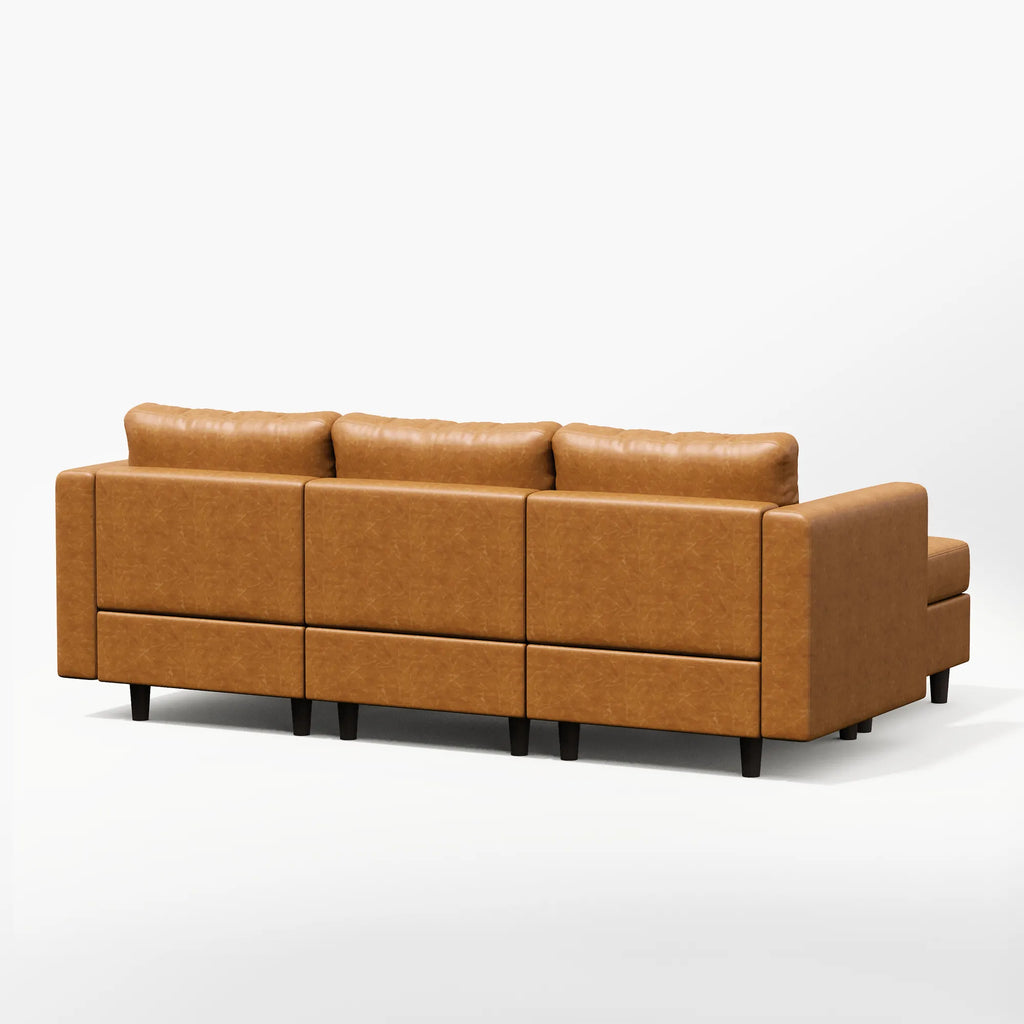 Back view of the ABCASA Moro 5-piece modular sofa in saddle tan showing continuous back panels and modular structure