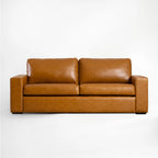 Alba 2-cushion faux leather sofa in saddle tan, front view.