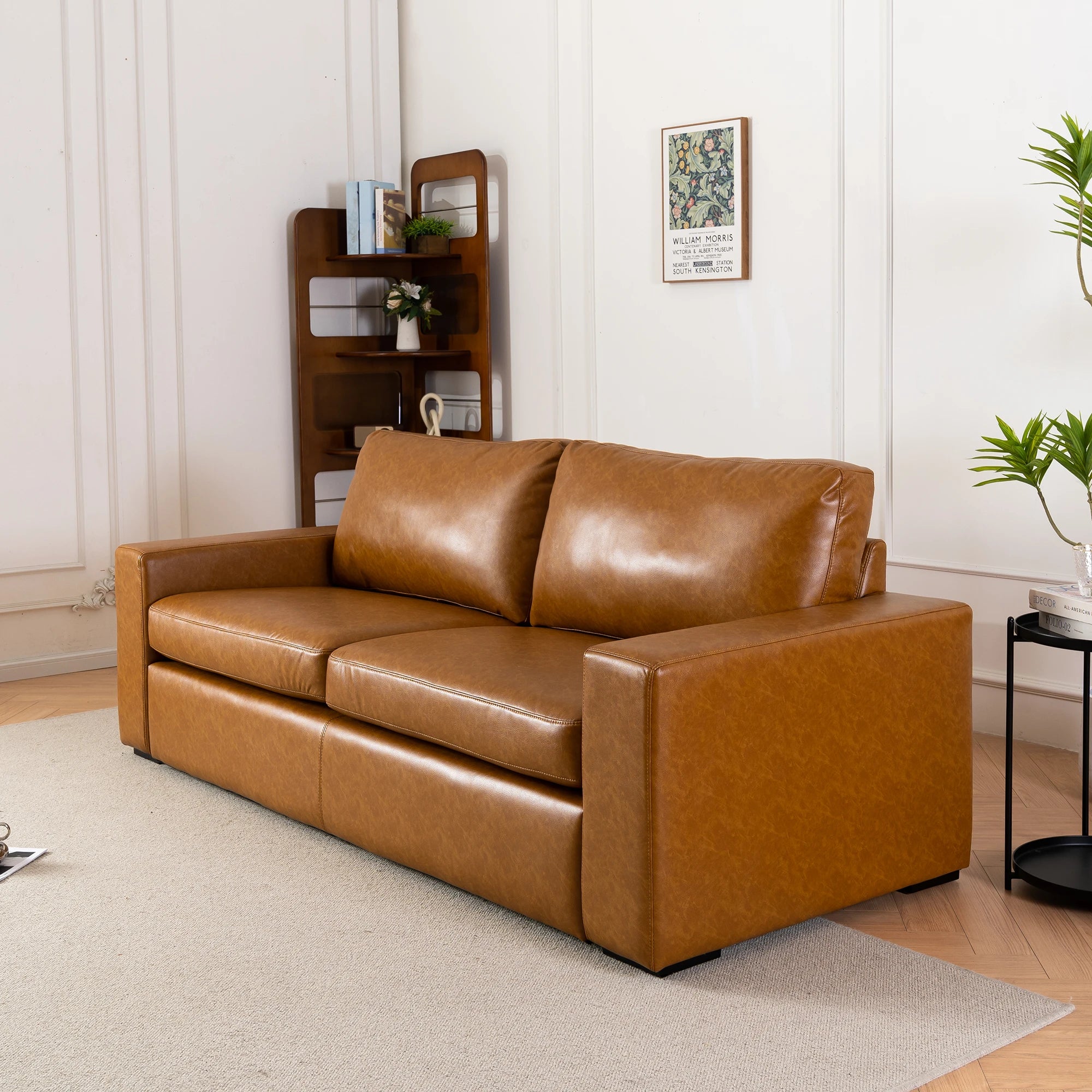 ABCASA Alba brown leather sofa in a living room setting with a bookshelf and plants.
