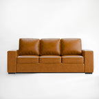 ABCASA Alba 3-cushion faux leather sofa in saddle tan, full front view.