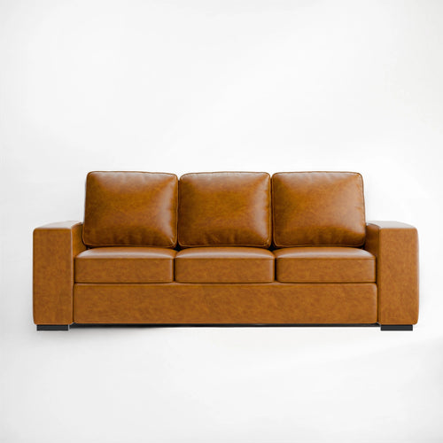 ABCASA Alba 3-cushion faux leather sofa in saddle tan, full front view.