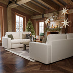 Cozy farmhouse living room styled with two neutral Alba ivory faux linen sofas.