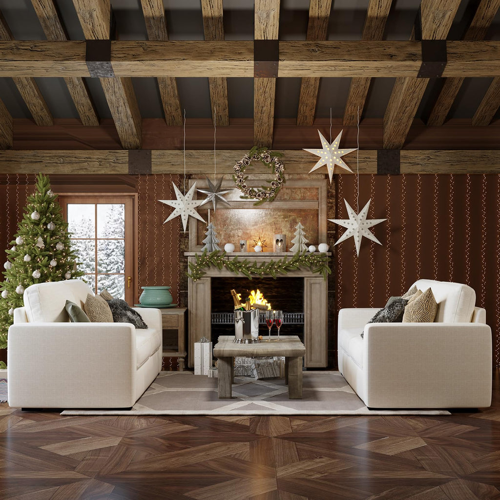 Cozy living room with Christmas decorations and a pair of Alba sofas facing each other.