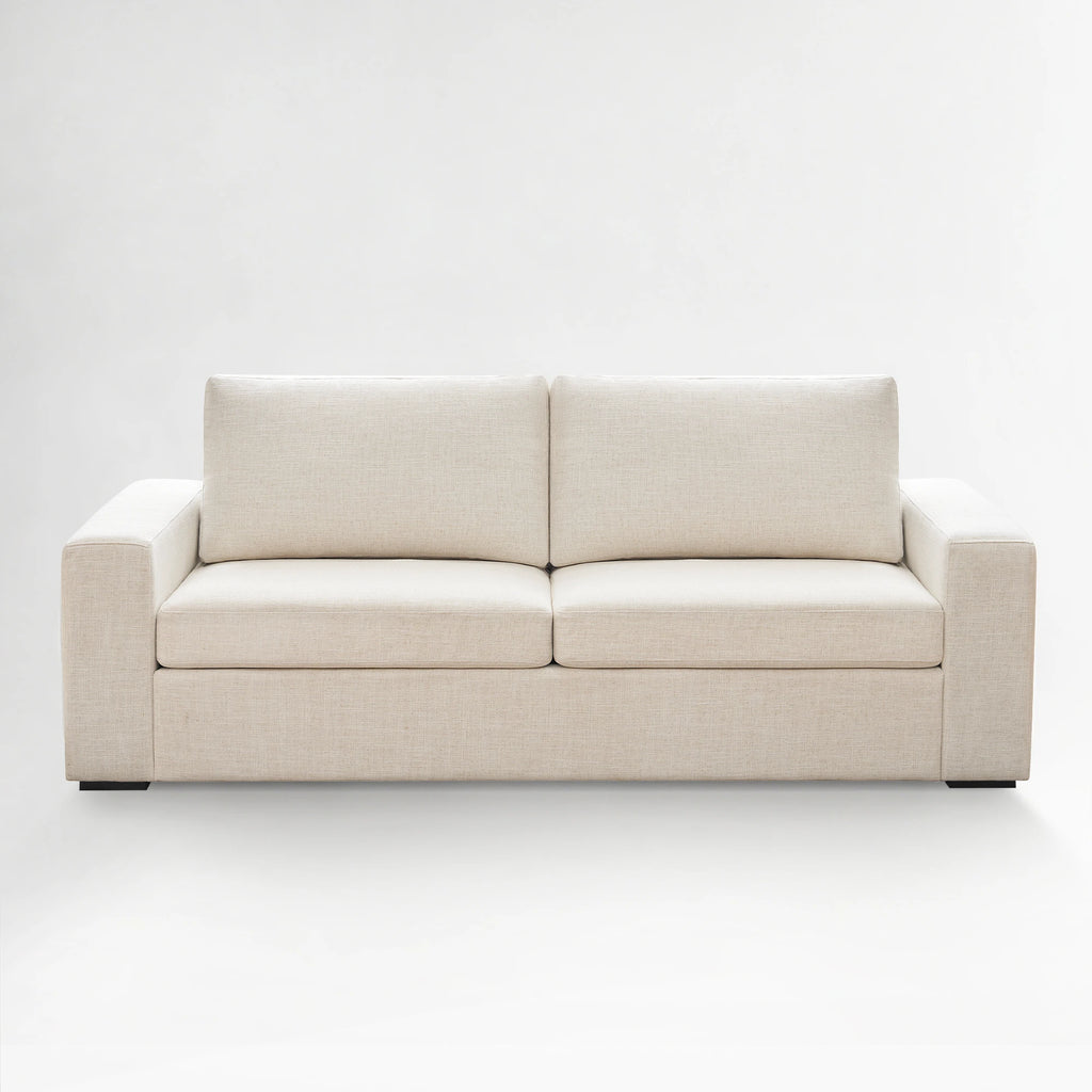 Front view of the ABCASA Alba sofa in ivory cream faux linen fabric.