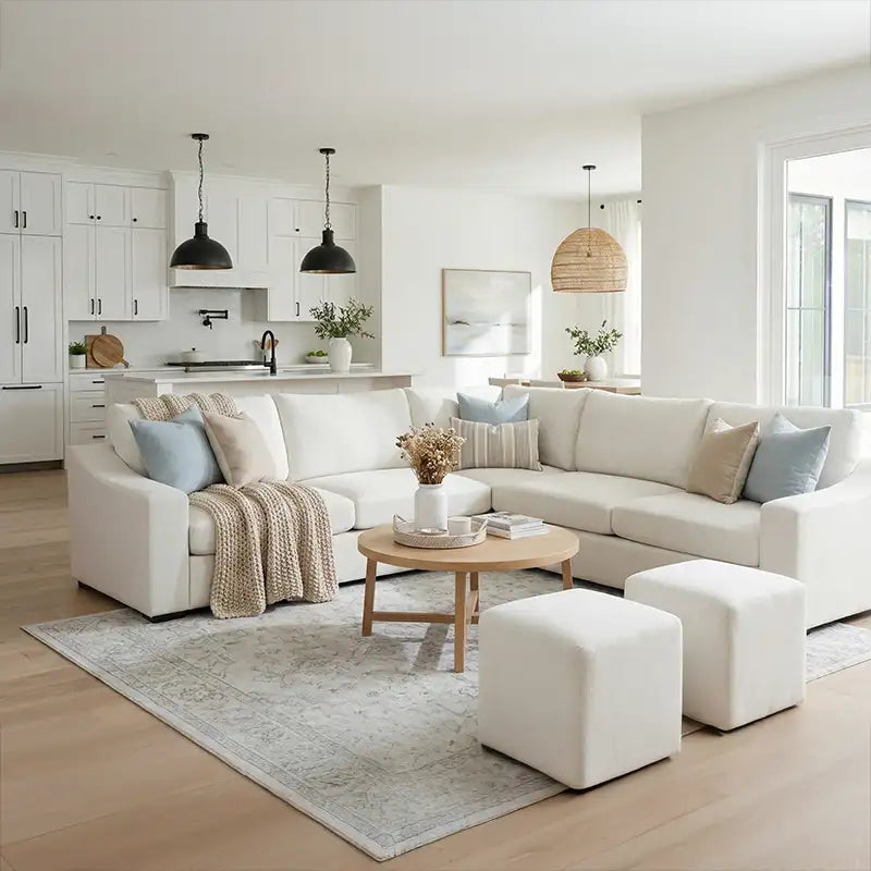 Modern living room with an ABCASA Cove white sectional sofa, coffee table, and decorative items.