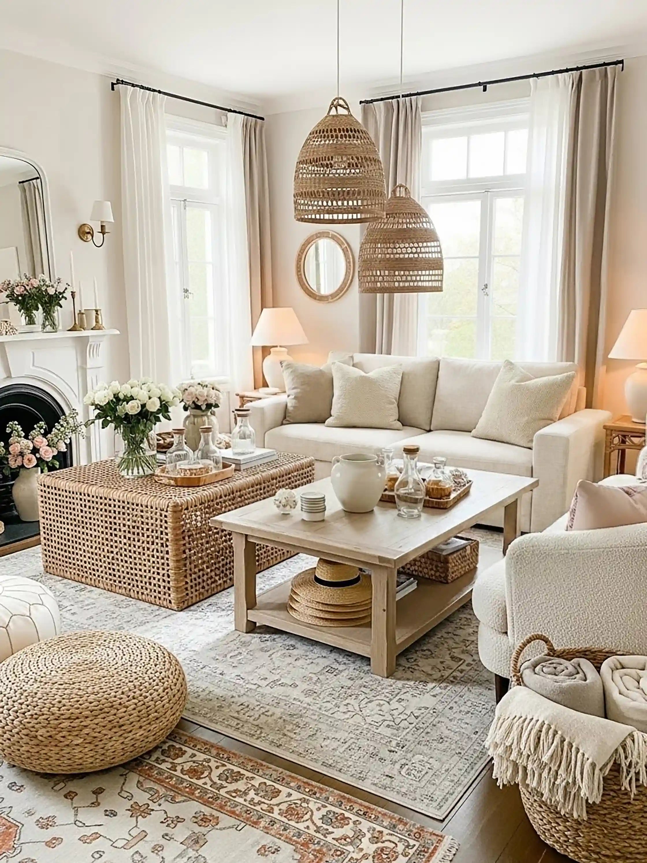 Boho living room with ABCASA Alba beige sofa, wicker coffee table, and decorative elements.