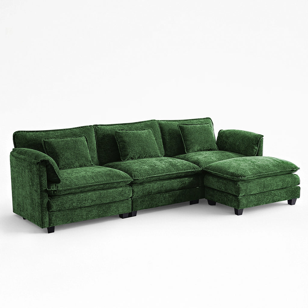 Front‑angle view of the 4-piece ABCASA Cloud modular sofa in forest green showing the deep seating depth.