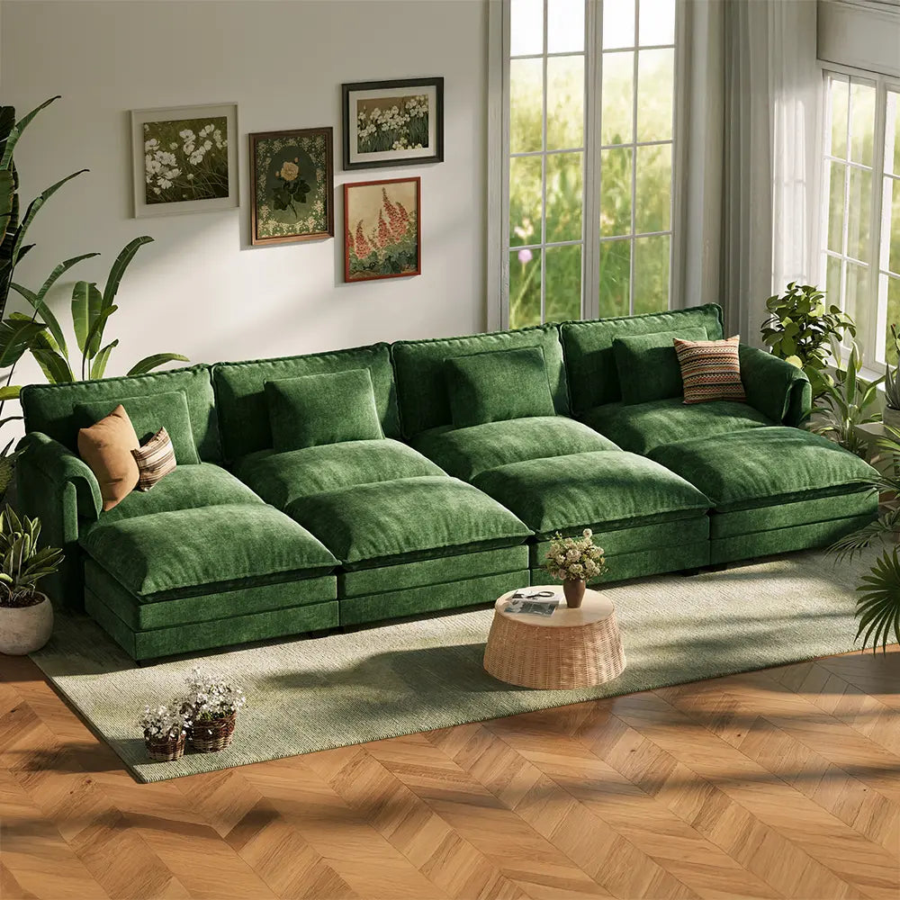 ABCASA Cloud 8‑piece sectional (4 seats + 4 ottomans) in forest green, styled in a plant‑filled living room for cozy family comfort.