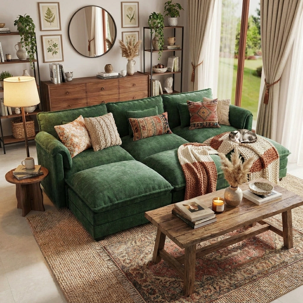 ABCASA Cloud sleeper sofa in green with decorative pillows in a living room setting