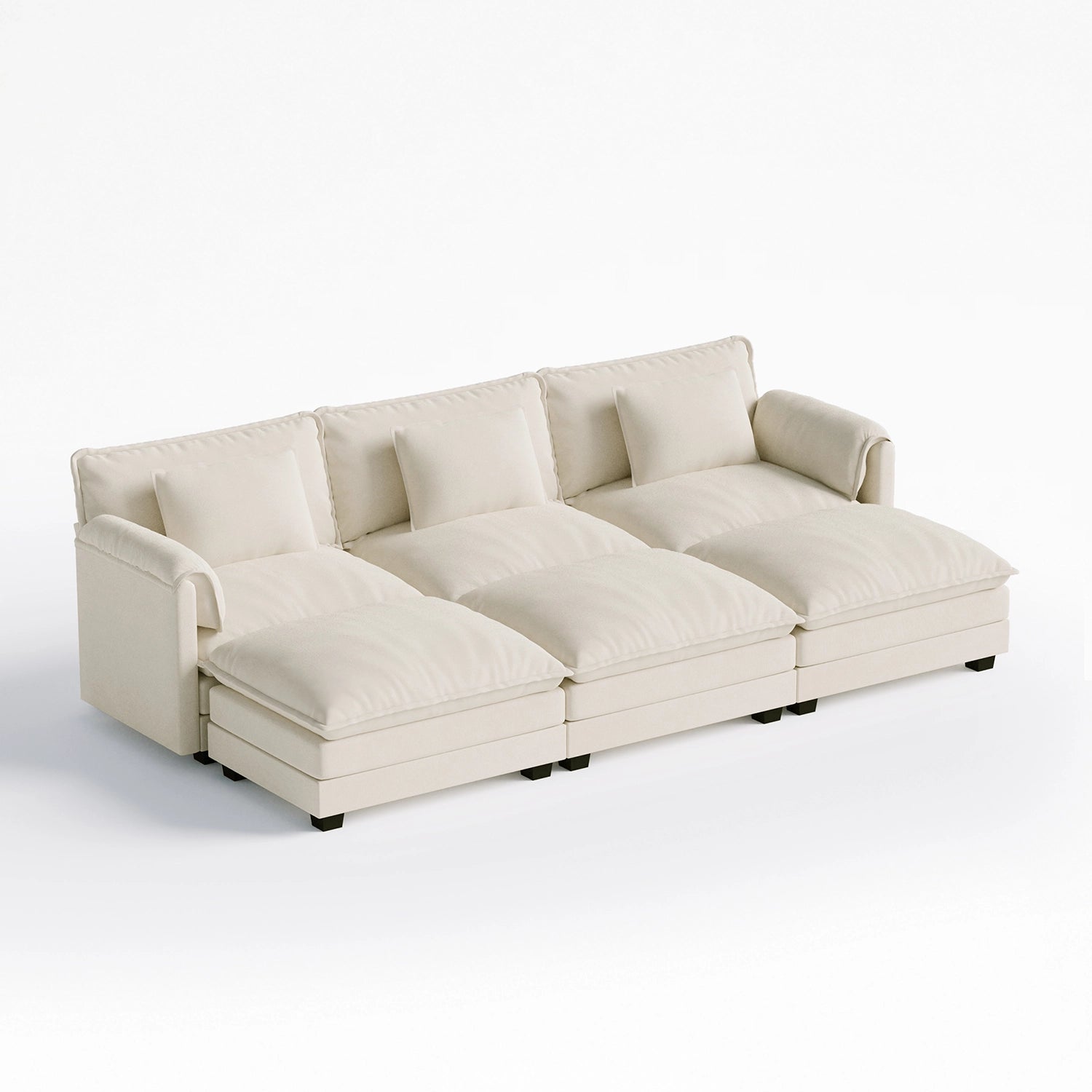 Angled view of ABCASA Cloud 6-piece modular sectional in cream white, featuring 3 seats and 3 ottomans.
