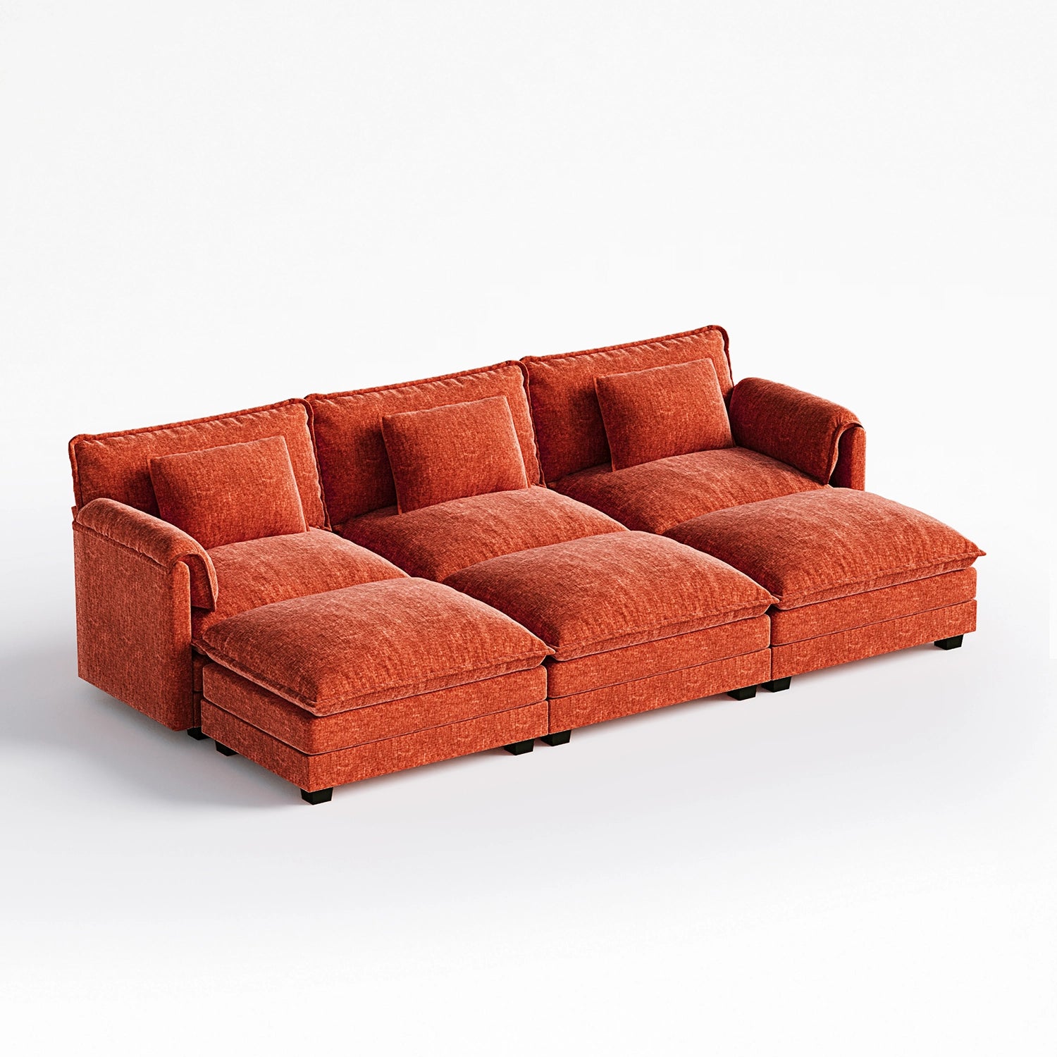 Angled view of ABCASA Cloud 6-piece modular sectional in terracotta, featuring 3 seats and 3 ottomans.