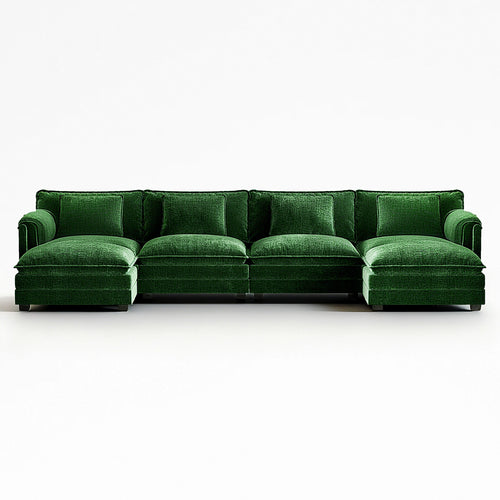 Front view of ABCASA Cloud 6-piece forest green sofa with 2 ottomans placed on both ends.