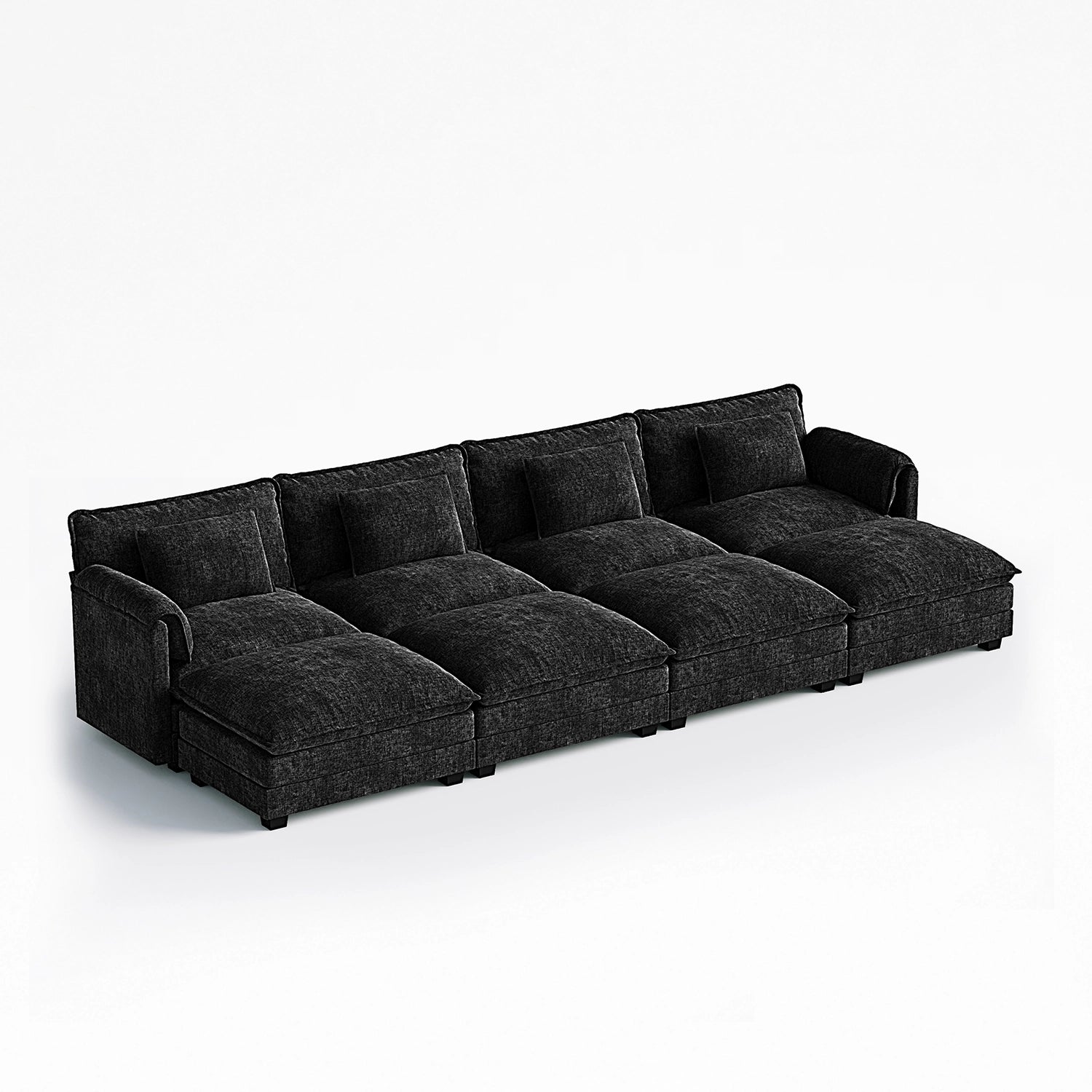 Angled view of the ABCASA Cloud 8-piece modular sectional in ink black, featuring 4 seats and 4 matching ottomans.