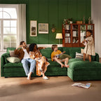 A happy family enjoying quality time on a cozy ABCASA Cloud modular sofa in forest green in a bright living room.