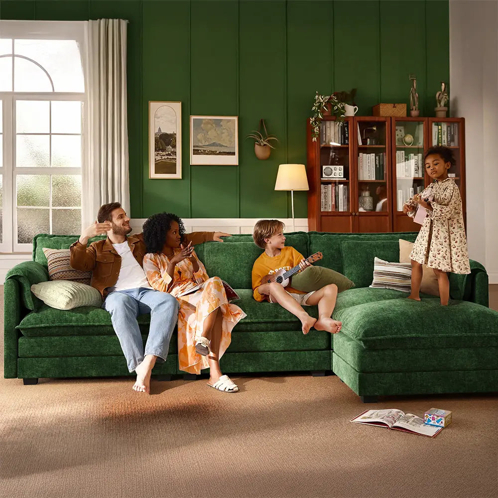 A happy family enjoying quality time on a cozy ABCASA Cloud modular sofa in forest green in a bright living room.