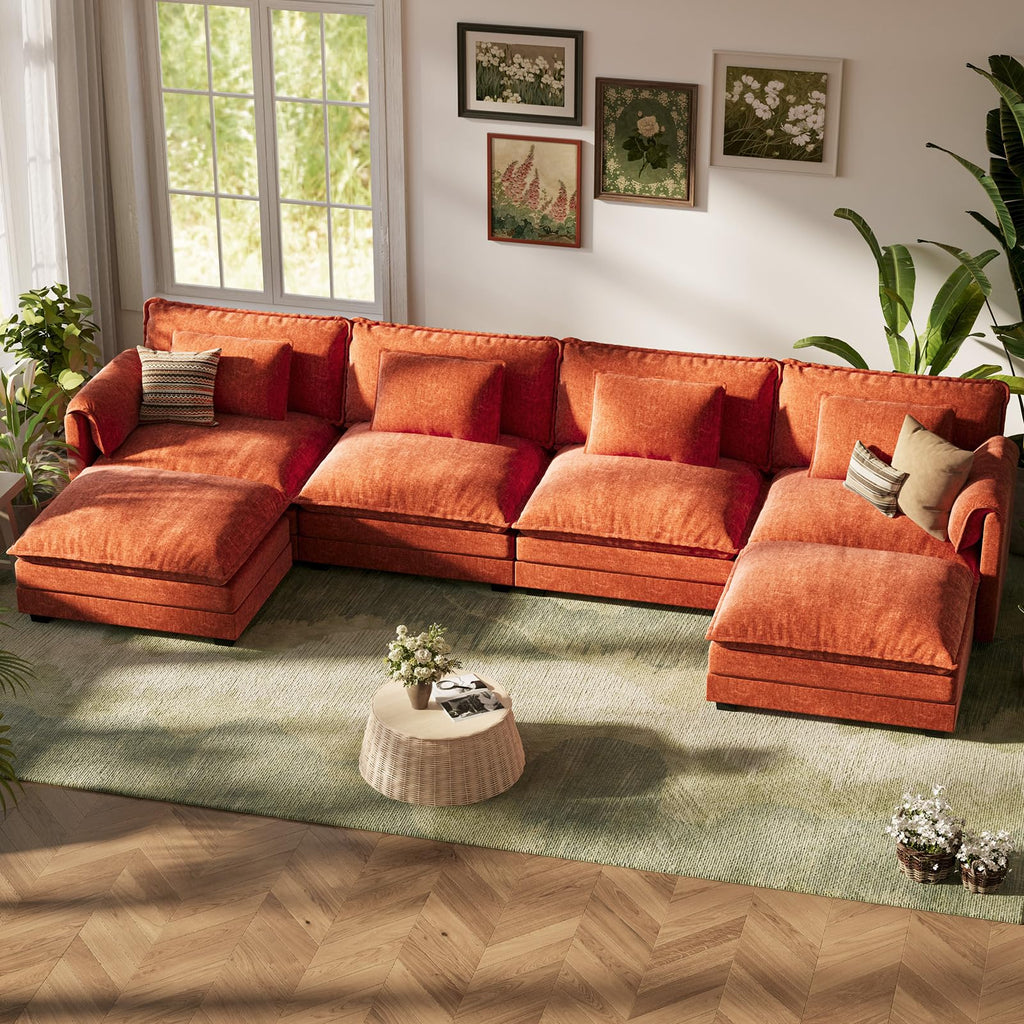 ABCASA Cloud modular sectional in terracotta in a living room with decorative elements.