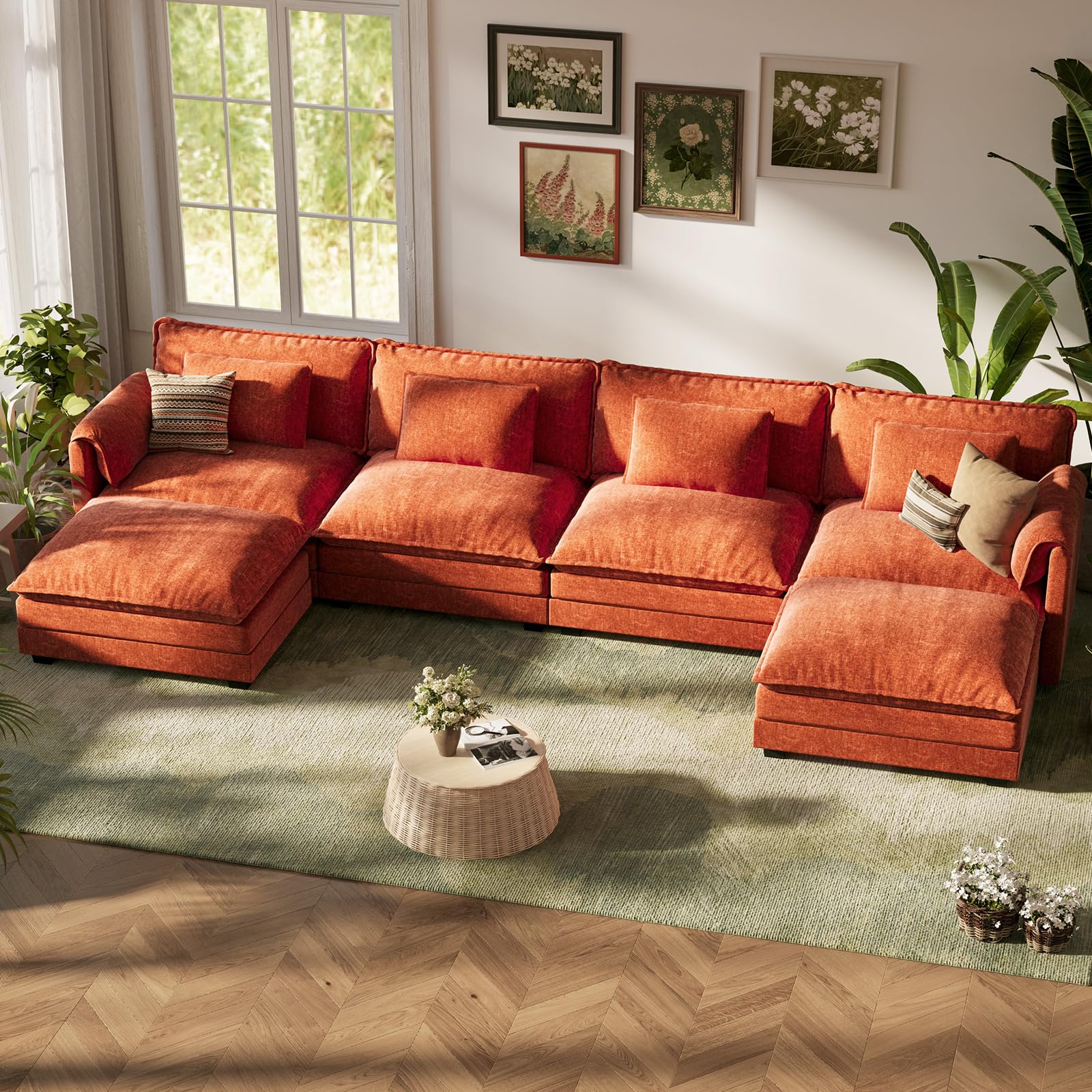 ABCASA Cloud modular sectional in terracotta in a living room with decorative elements.