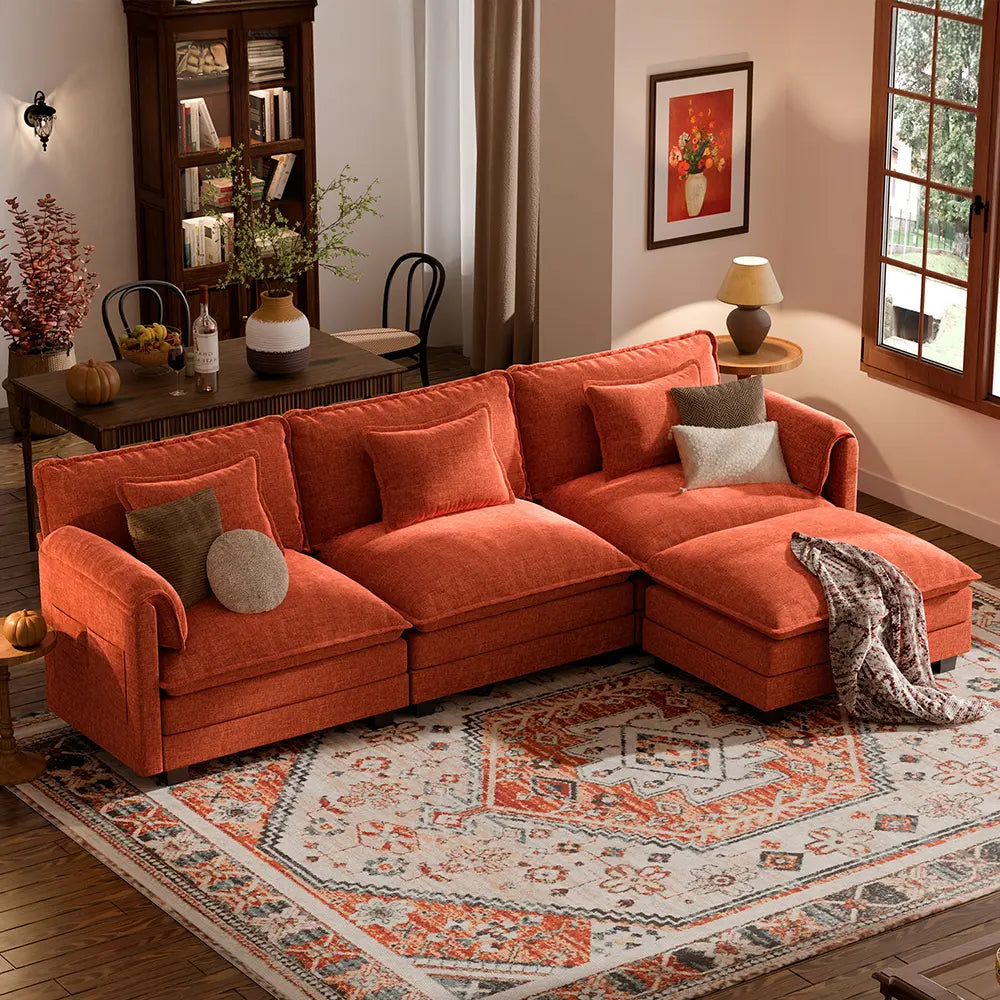 Classic style living room featuring the ABCASA Cloud terracotta sofa with a patterned rug.