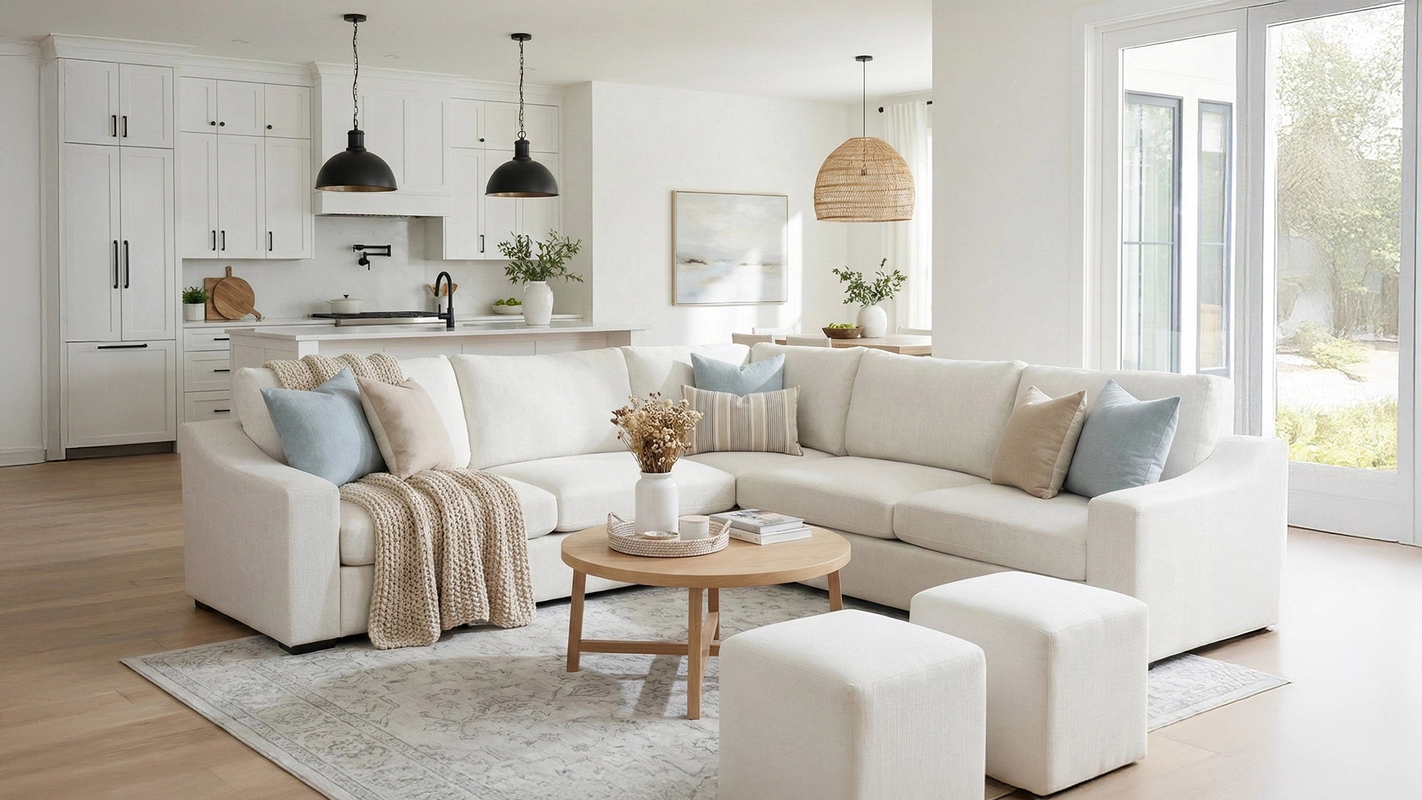 Modern living room with a white Cove 110" L-shaped sectional sofa, coffee table, and decorative items.