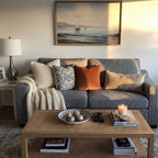 Living room with ABCASA Cove Gray sofa, wooden coffee table, and wall art of sailboats.