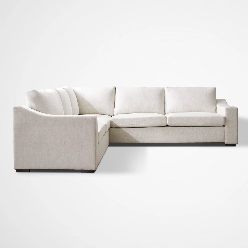 Front view of the ABCASA Cove series L-shaped sectional in Frost White fabric.