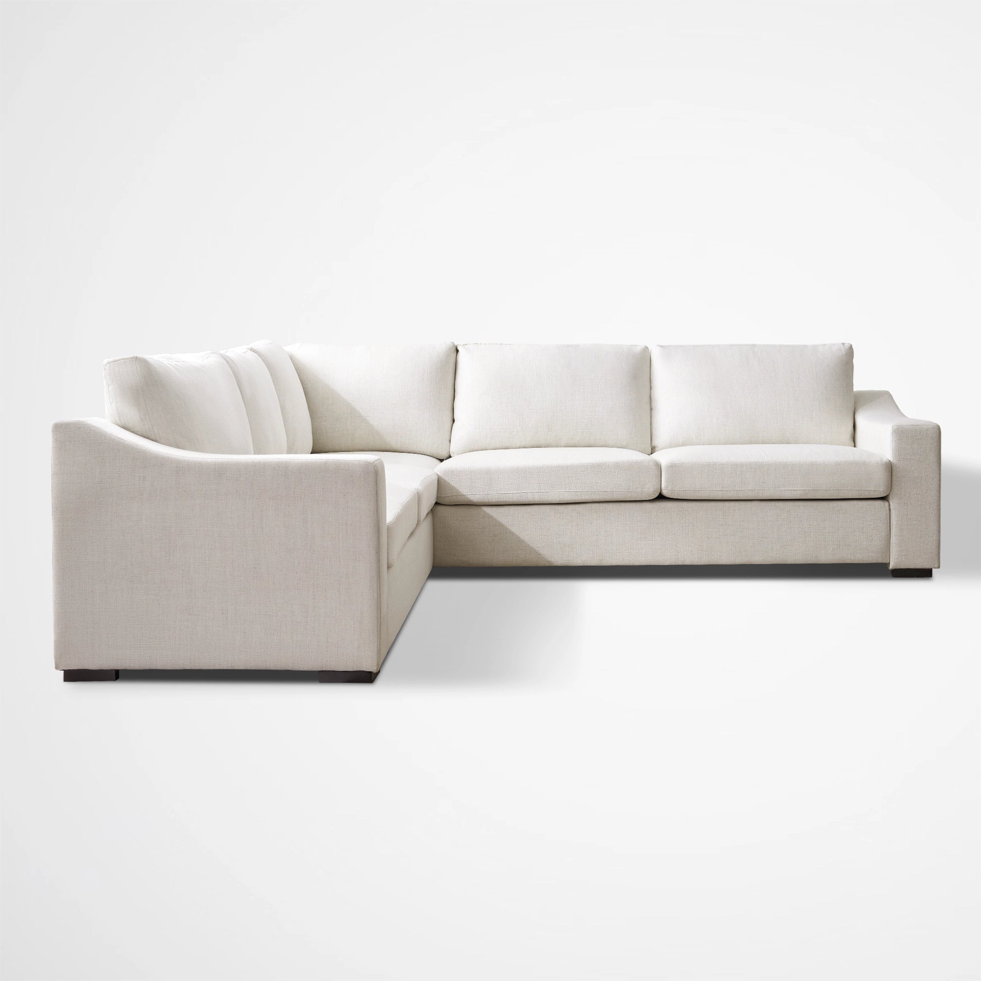 Front view of the ABCASA Cove series L-shaped sectional in Frost White fabric.