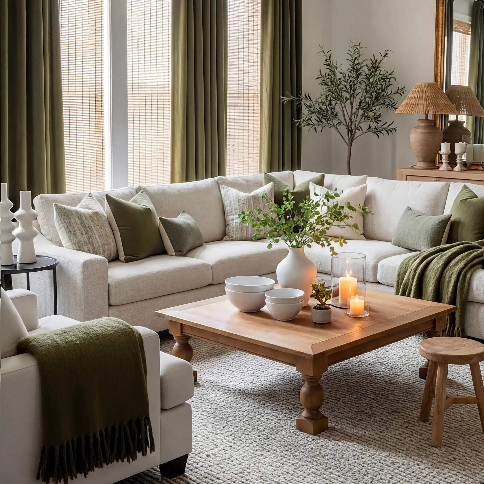 Cozy living room with a Cove white sectional sofa, wooden coffee table, and decorative elements.