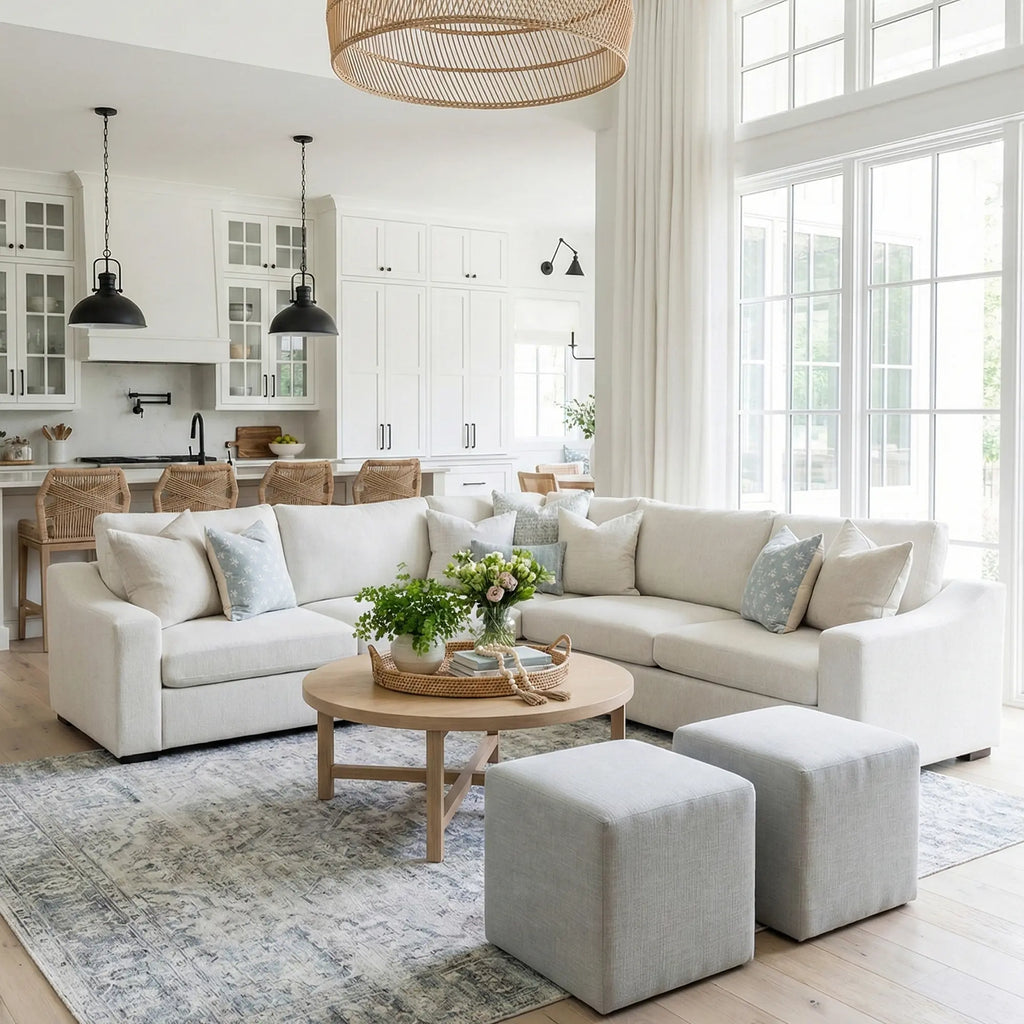Modern living room with Cove white sectional, wooden coffee table, and large windows.