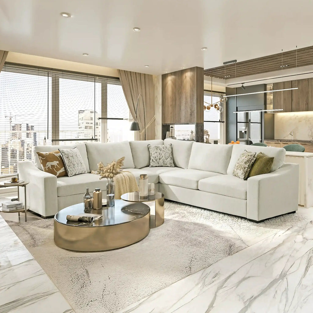 Modern living room with a white Cove sectional sofa, coffee table, and cityscape view.