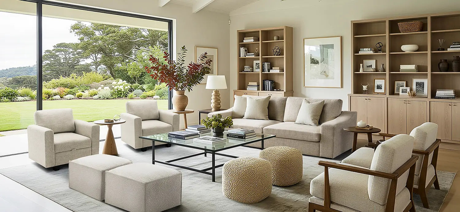 Large modern living room with beige ABCASA Cove Sofa, pairs of armchairs, bookshelves, and a view of greenery outside.