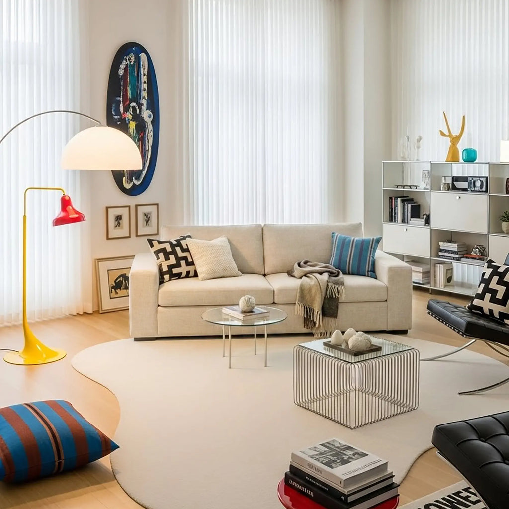 Modern living room with ABCASA Cove linen sofa, colorful pillows, and decorative items.