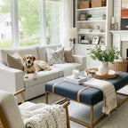 Cozy living room with a dog on pet-friendly ABCASA Cove couch, books, and decorative items.