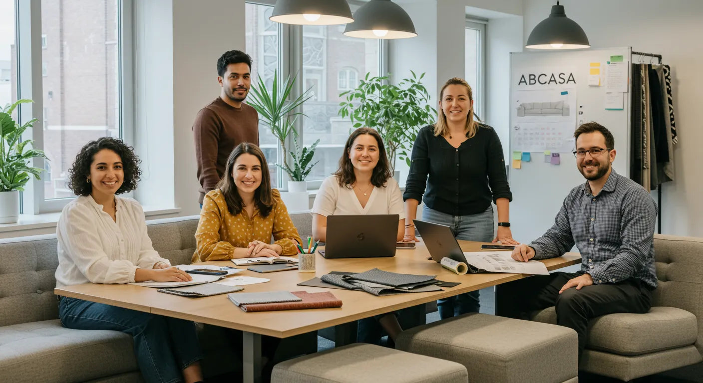 Friendly, diverse ABCASA support team collaborating in a sunlit, modern workspace—surrounded by fabric swatches, modular sofa plans, and open laptops, reflecting their warm, professional approach to customer care.