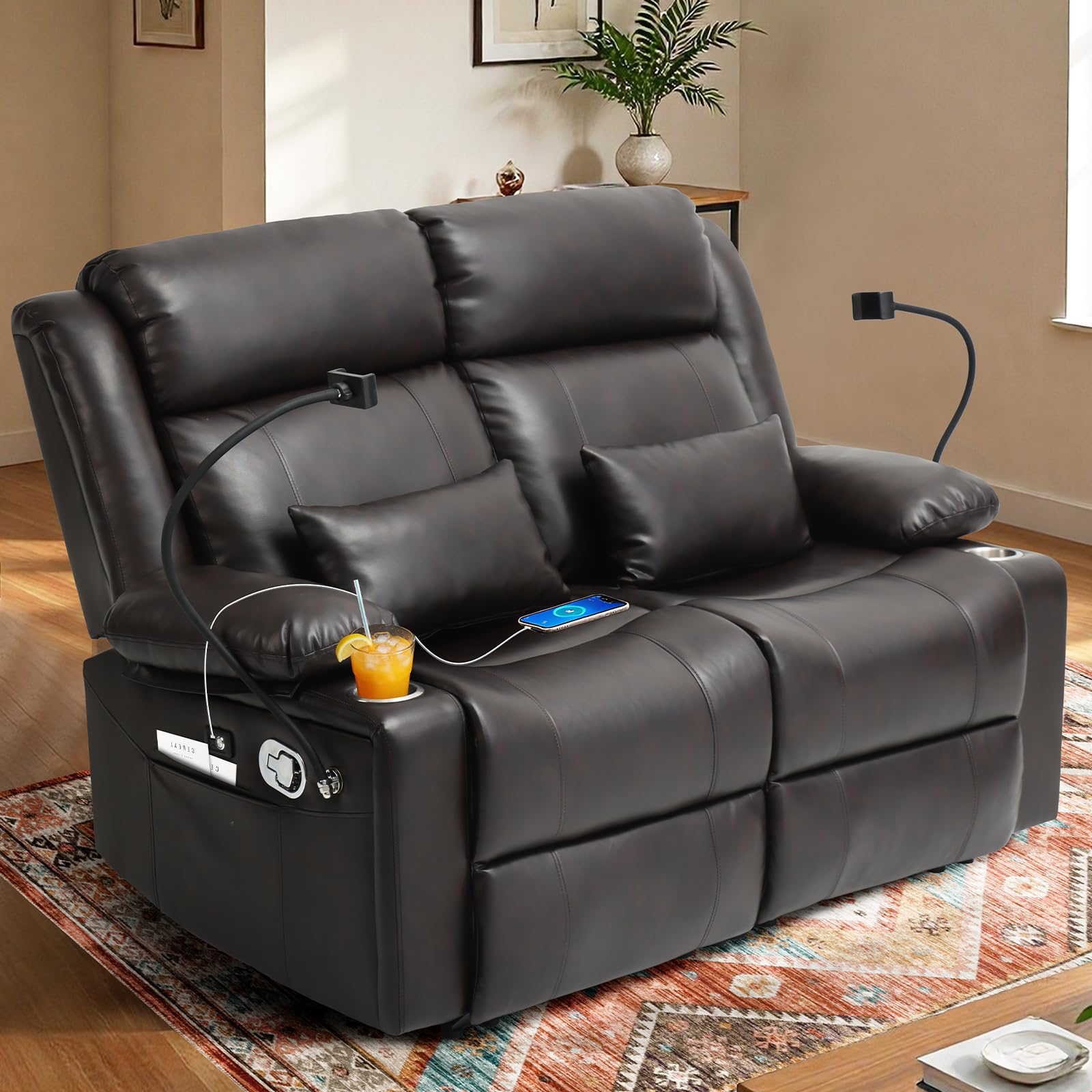 ABCASA dark brown PU leather recliner sofa in a living room featuring cup holders, power outlets, and dual phone holders.