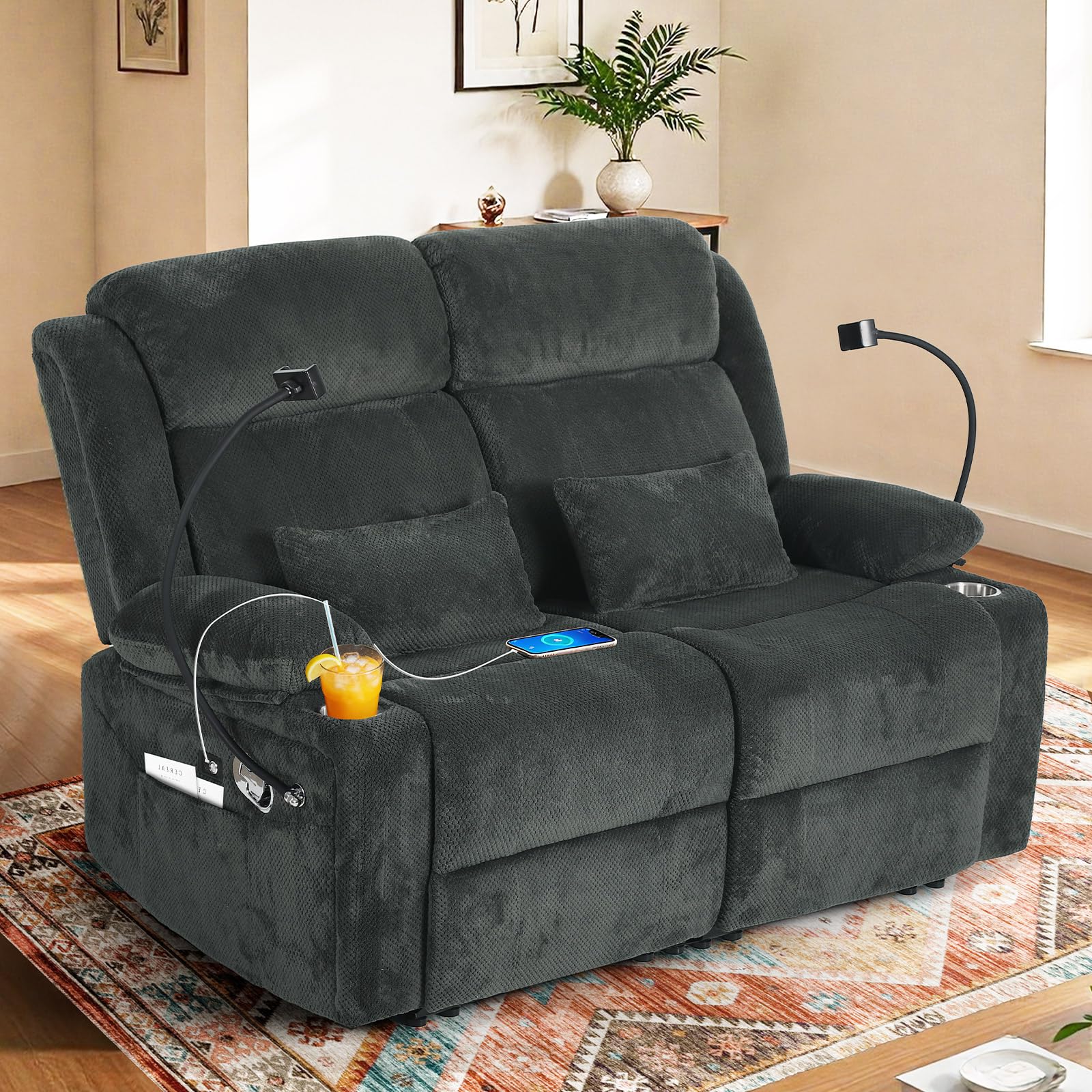 ABCASA dark grey micro plush power recliner sofa with cup holders, power outlets, and dual side phone holders.