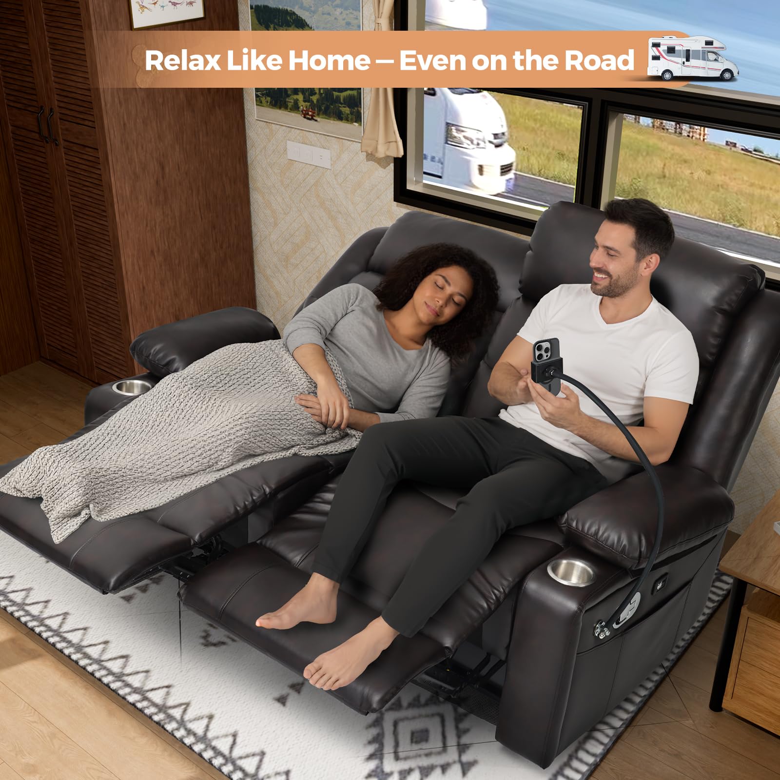 ABCASA RV two‑seat recliner with independent reclining controls, ideal for compact RV living.