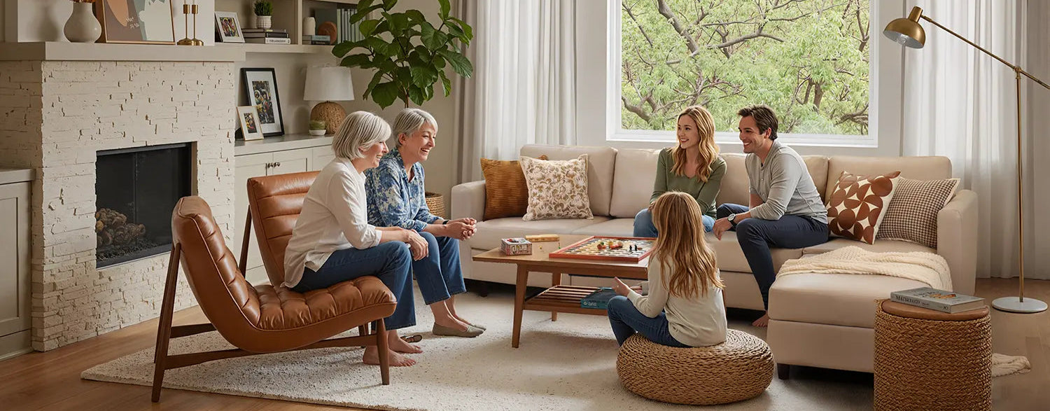 ABCASA About Us banner showing a light-beige modular sectional sofa in a bright living room, with four adults and a child gathered around a board game. Faux leather seating, warm-toned throw pillows, natural wood furniture, and lush greenery create a welcoming and inclusive atmosphere.