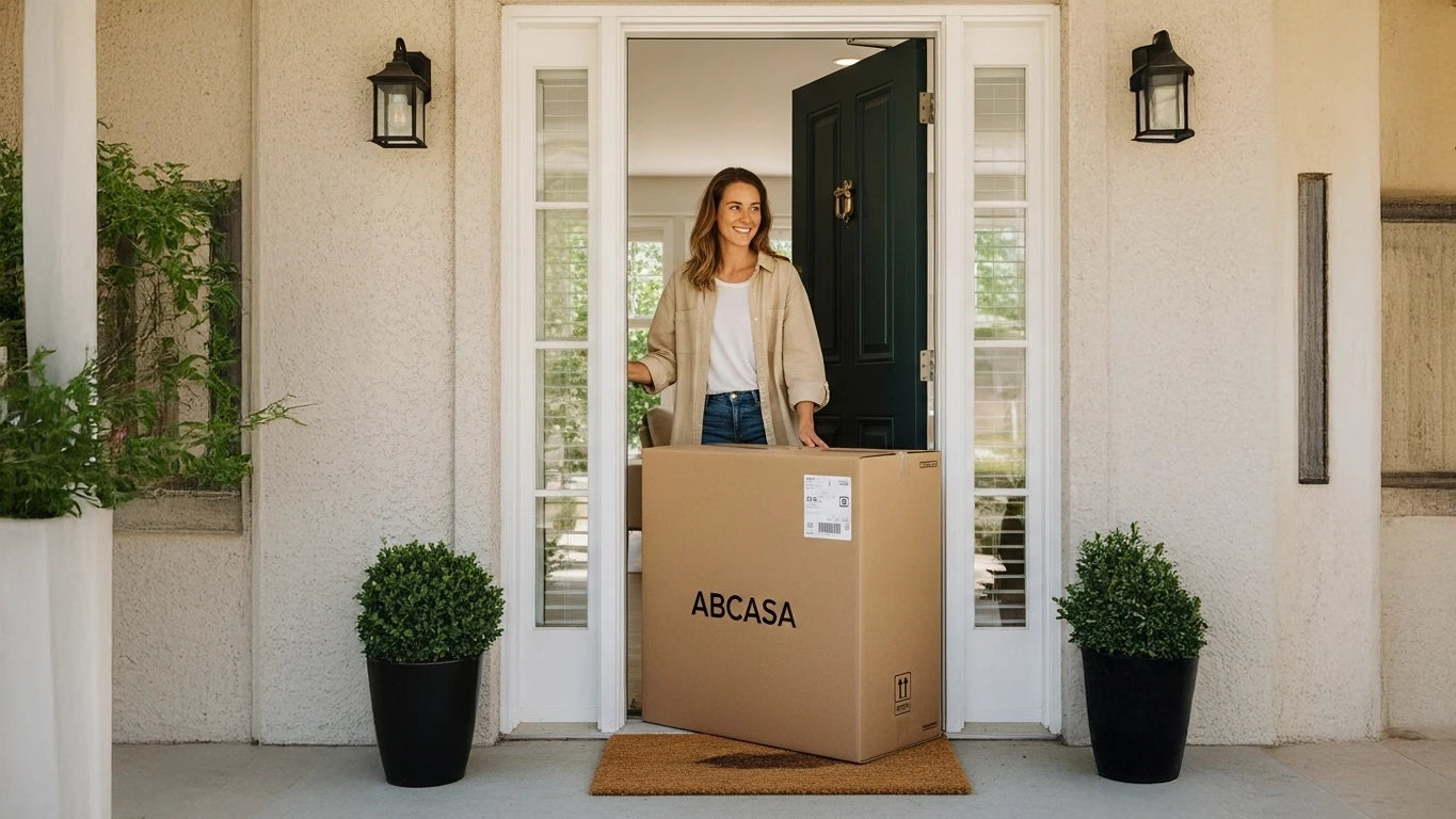 Homeowner warmly smiles while receiving or bringing in an ABCASA furniture package—capturing ease, trust, and the joy of thoughtful, modern service.