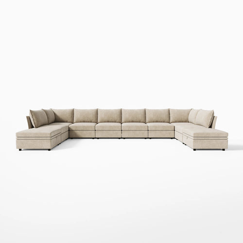 Modern beige 10-piece ABCASA Huddle sectional in a symmetrical U-shaped conversation layout with ottomans.