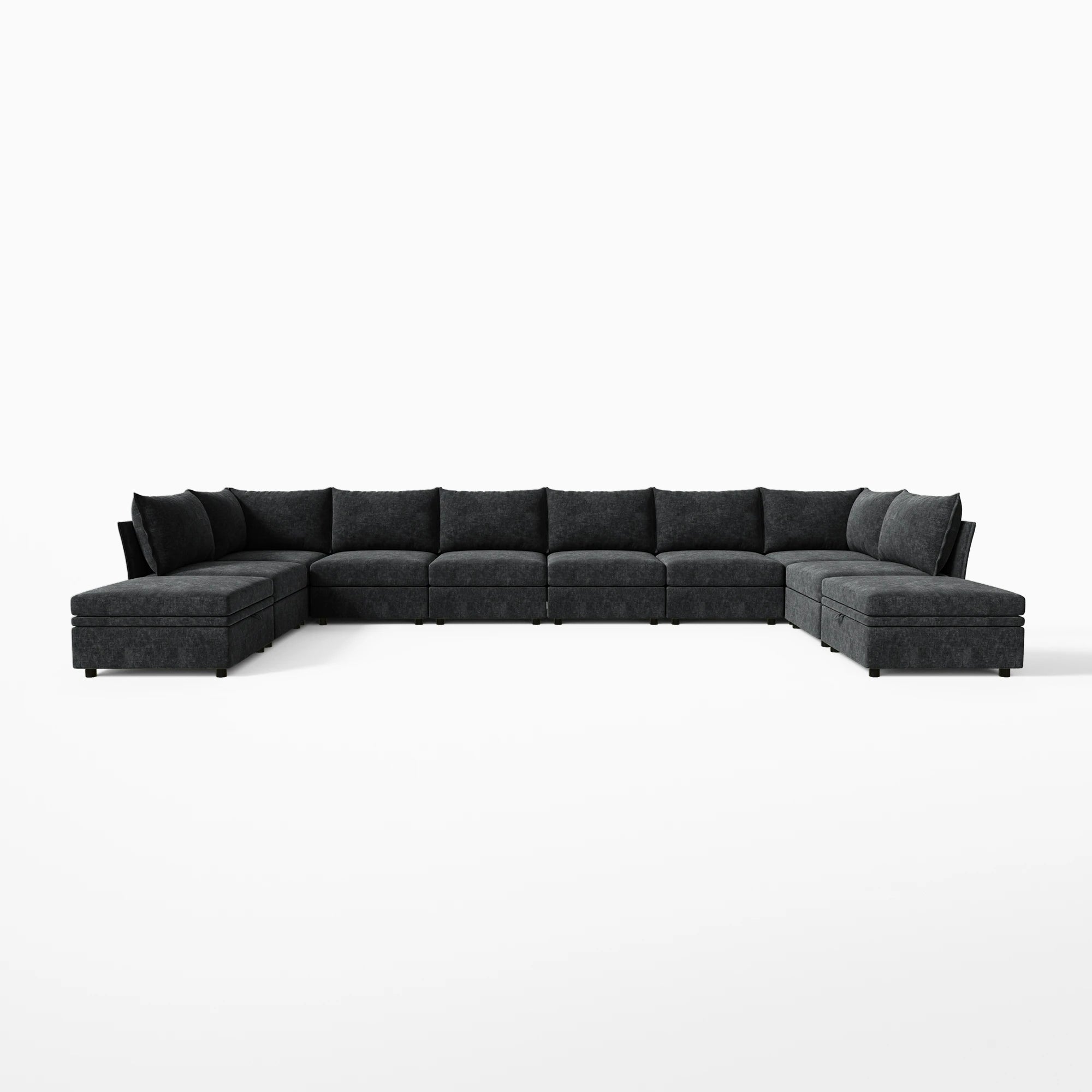 Sleek black 10-piece modular U-shaped sectional front view, perfect for large-scale home theaters and lounges.